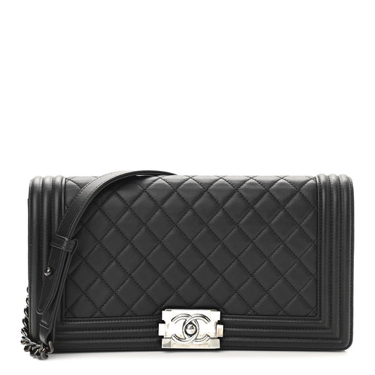 Calfskin Quilted Boy Clutch With Removable Chain So Black