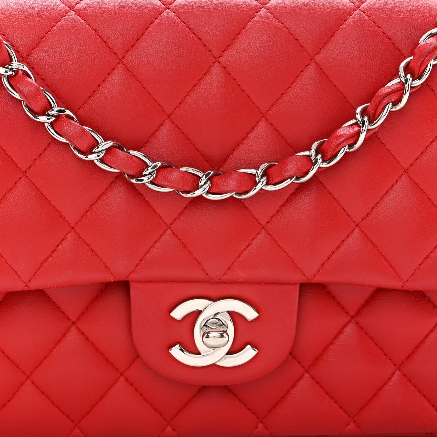 Lambskin Quilted Medium Double Flap Red